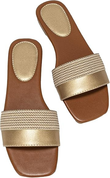 GORGLITTER Women's Metallic Flat Sandals Comfortable Open Toe Slide Sandals Wedding Vacation Sand... | Amazon (US)