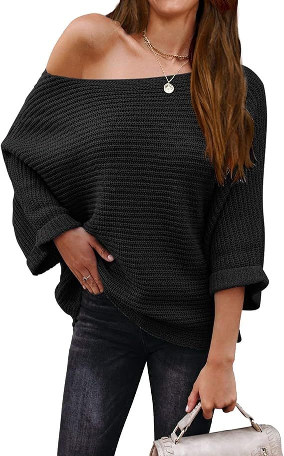 KIRUNDO Women's Off Shoulder Sweaters Batwing 3/4 Sleeves Casual Loose Fit Solid Pullovers Knit J... | Amazon (US)