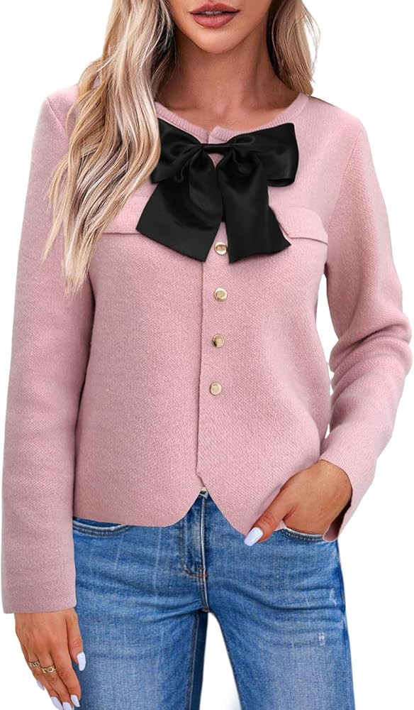 Saodimallsu Womens Button Down Cropped Cardigan Sweaters Cute Bow Long Sleeve Crew Neck Knit Swea... | Amazon (US)