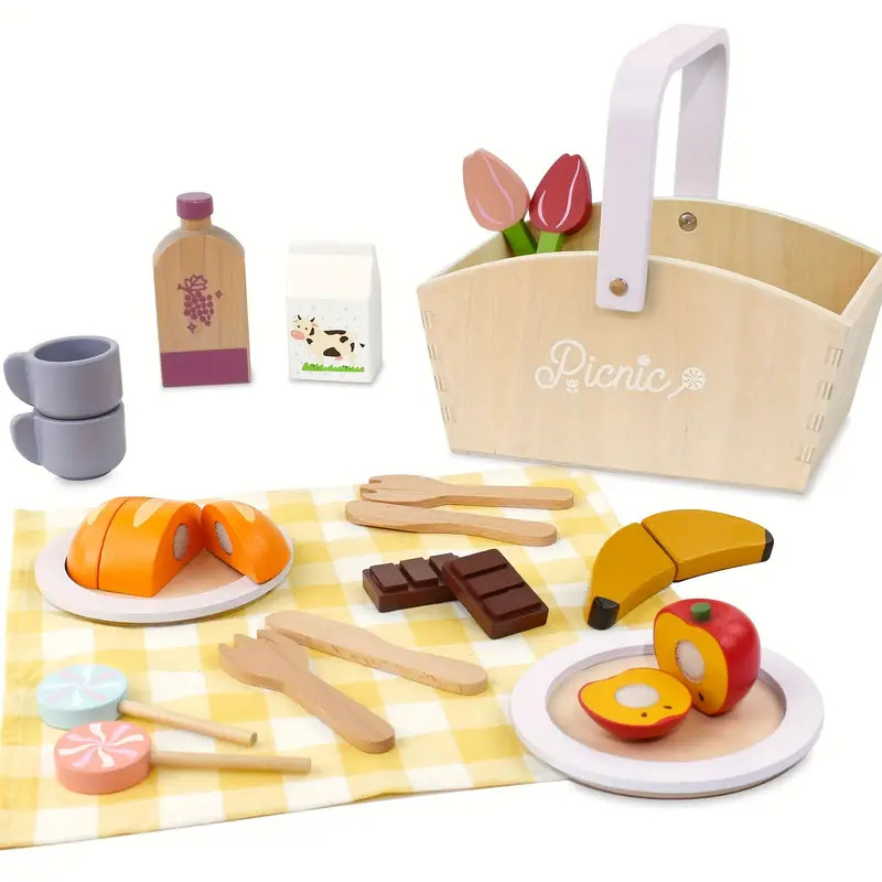 Wooden Picnic Basket Playset Toy, Pretend Play Food Sharing Playset With Cutting Fruits, Kids Ima... | Temu Affiliate Program