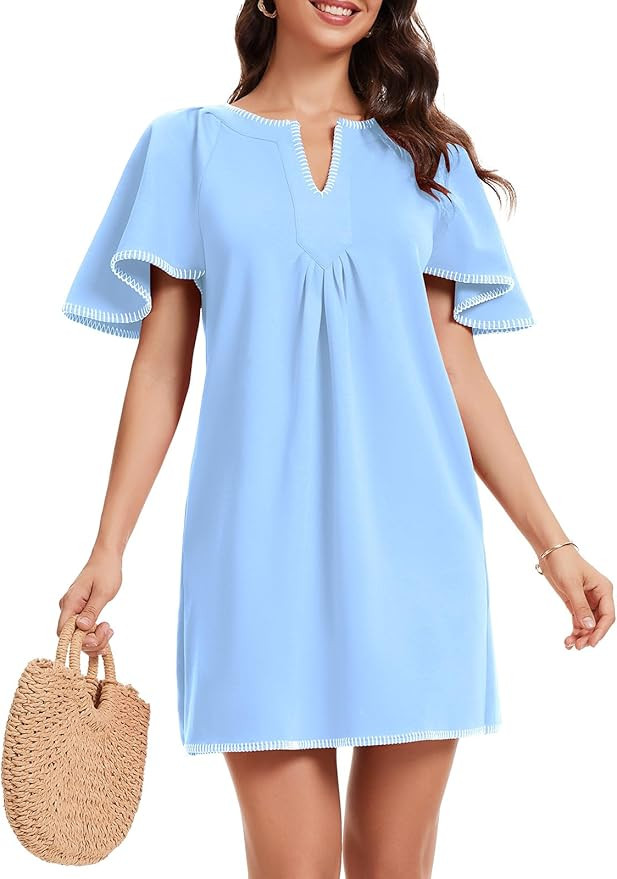 HOULENGS Women's Summer Ruffle Short Sleeve A Line Mini Dress Casual Contrast Trim V Neck Short D... | Amazon (US)