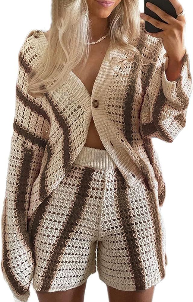 Women's Color Block Y2K Knit 2 Piece Outfits Crochet Knitted Hollow Out Long Sleeve Button Up Shirts | Amazon (US)