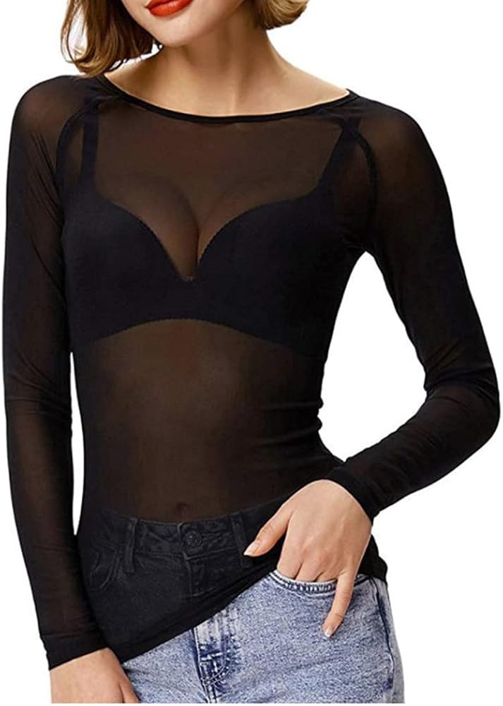 Women's Mesh Tops Basic Long Sleeve Mesh Top Sheer See Through Blouse T Shirts Clubwear | Amazon (US)