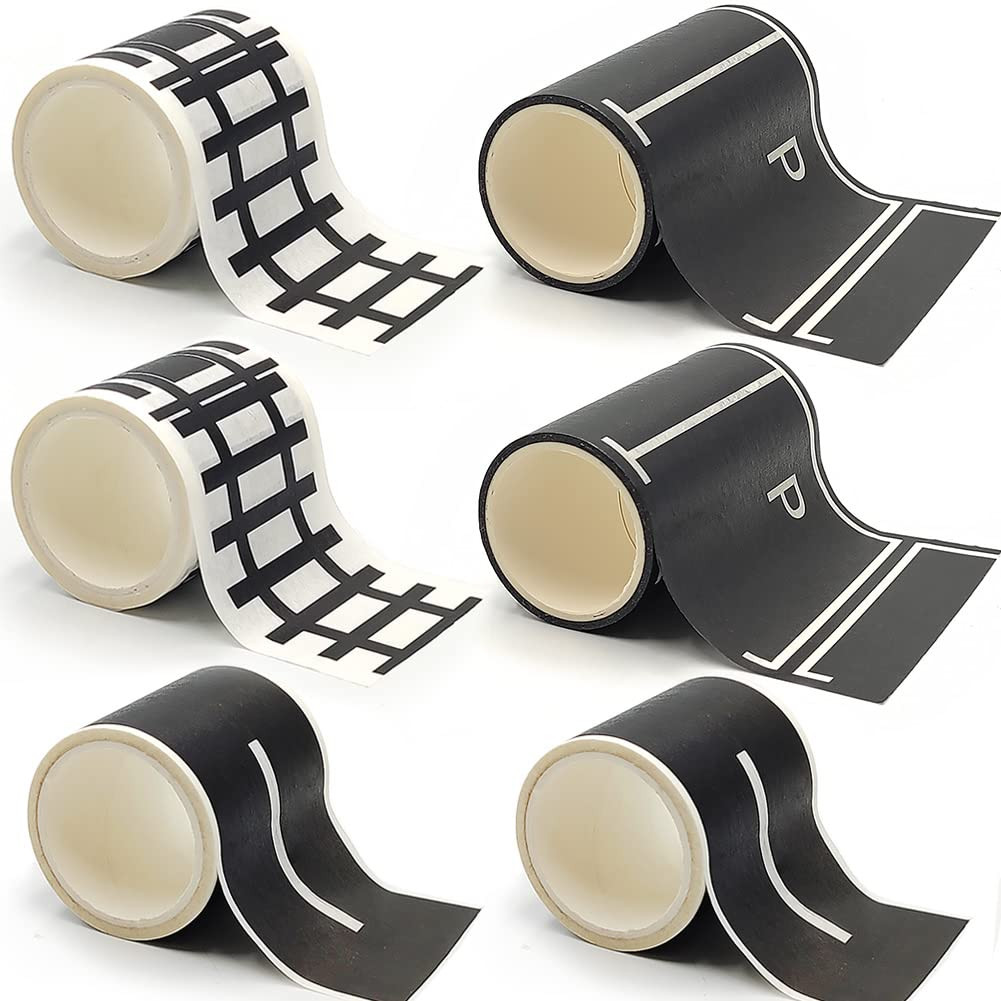 dspitwod Road Tape for Toy Cars Trains Play 6-Pack Black Car Track Tape, Parking Spot Stick to Fl... | Amazon (US)