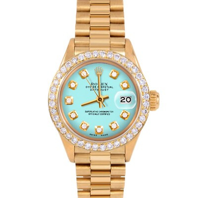 Rolex Ladies 18K Gold President Turquoise Diamond Dial Diamond Bezel | eBay US