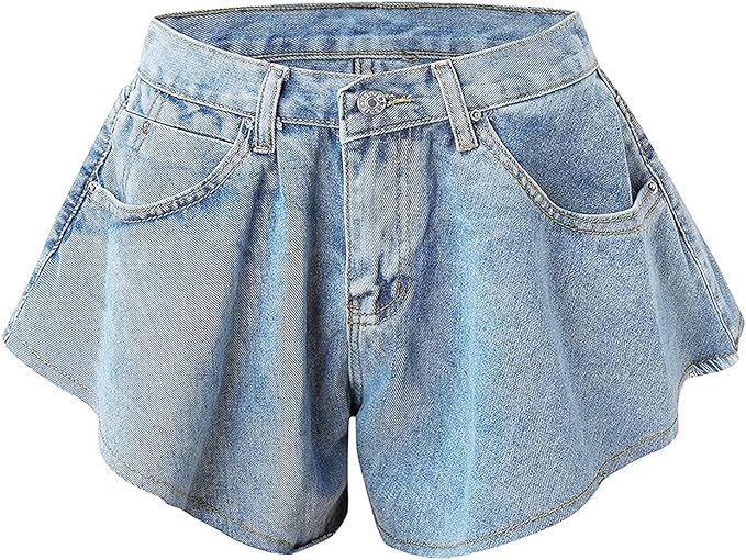 Wide Leg Ruffle Hem Denim Shorts for Women High Waist Distressed Jean Hot Pants Casual Summer Fra... | Amazon (US)