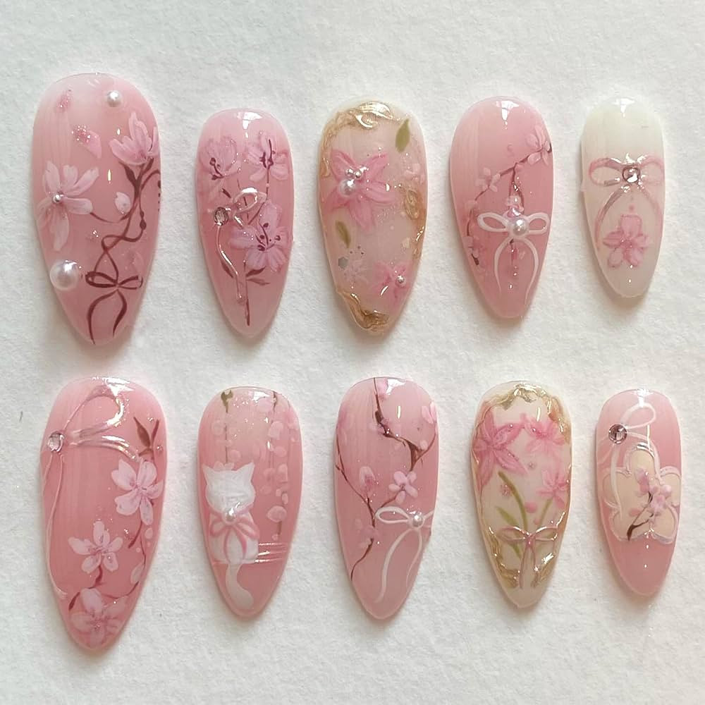 30Pcs Pink Flower Press on Nails Medium Almond Fake Nails Peach Blossom with 3D Rhinestones Pearl... | Amazon (US)