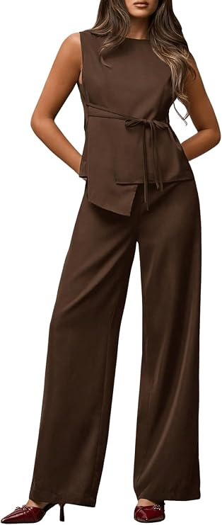 Floerns Women's 2 Piece Outfits Asymmetrical Hem Vest Blazer with Wide Leg Pants Set | Amazon (US)