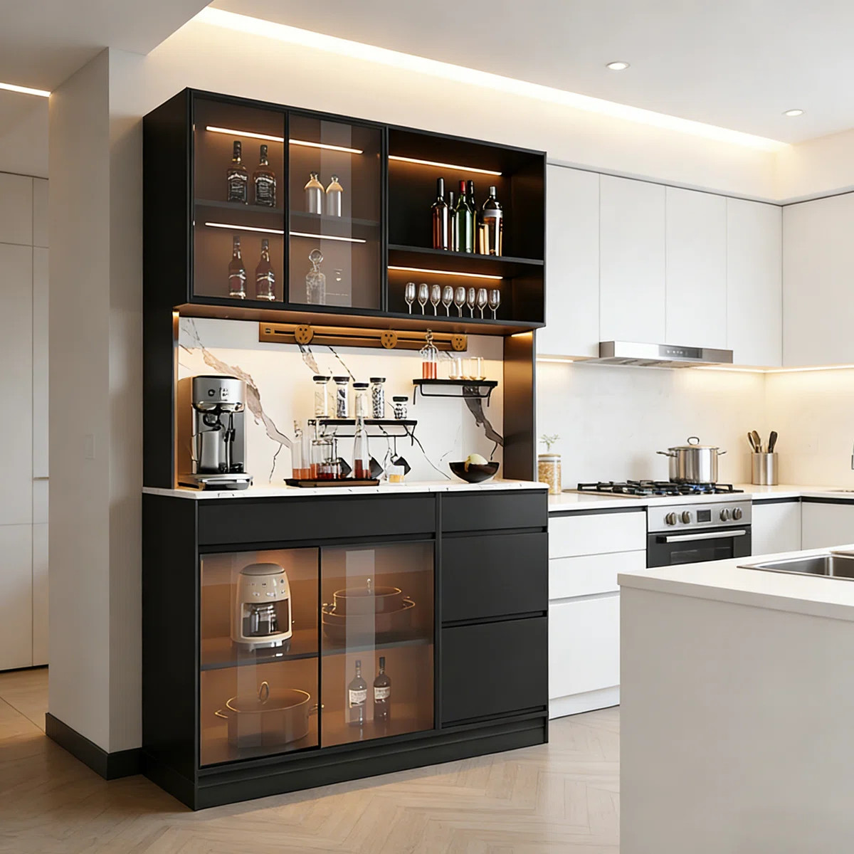 47.24" Modern Black Solid Wood Sideboard With Ambient LED, Glass Doors & Dual Storage | Wayfair North America