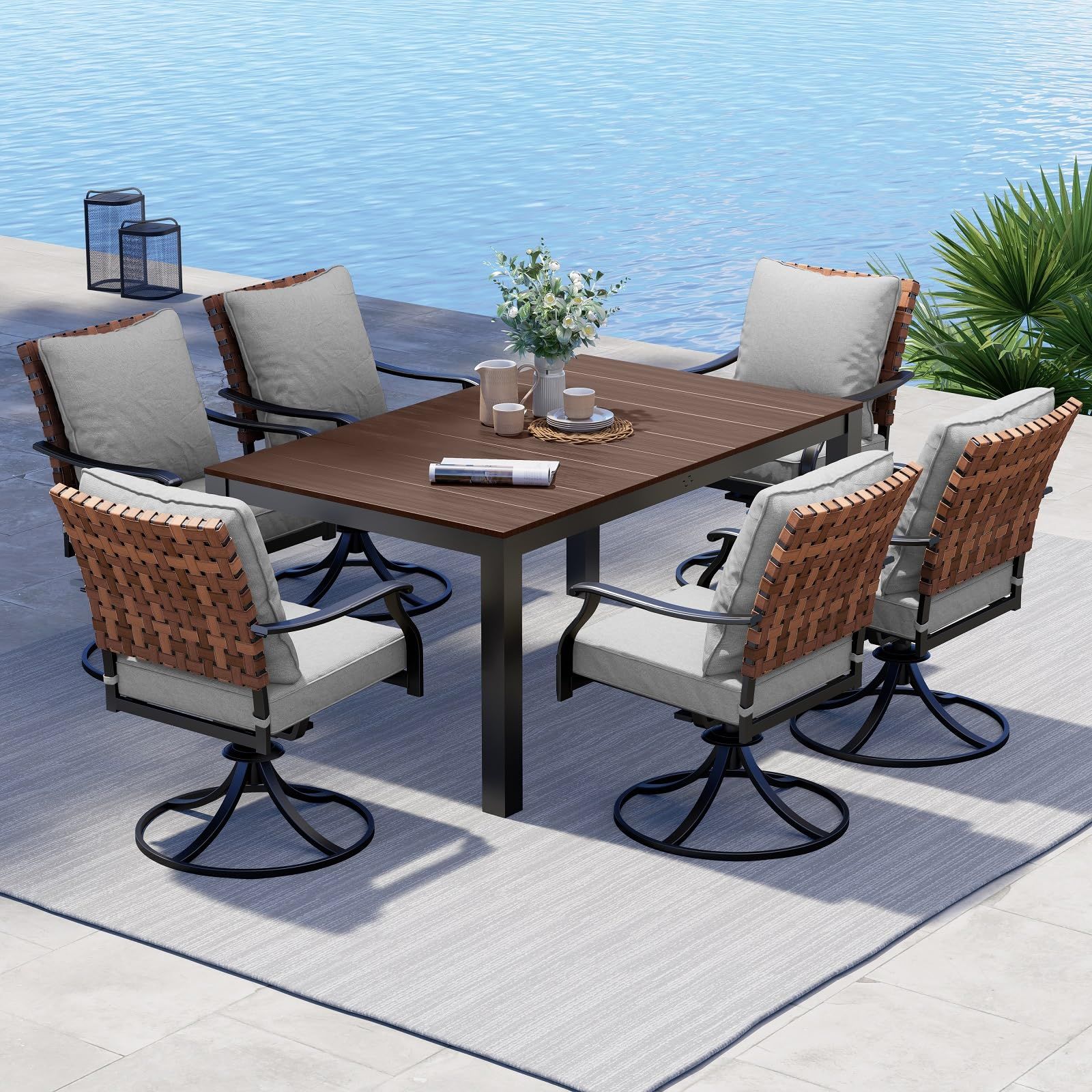 Grand patio 7-Piece Outdoor Dining Set, 6 Steel Leather-Look Resin Wicker Swivel Patio Chairs & 1... | Amazon (US)