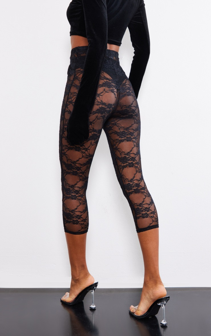 Black Lace Sheer Cropped Leggings | PrettyLittleThing US