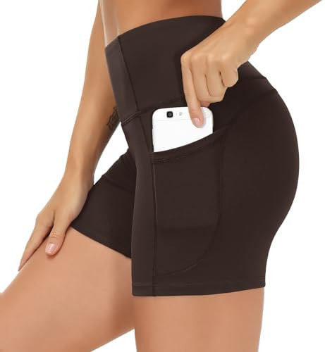 THE GYM PEOPLE High Waist Yoga Shorts for Women's Tummy Control Fitness Athletic Workout Running Shorts with Deep Pockets Brown | Amazon (US)