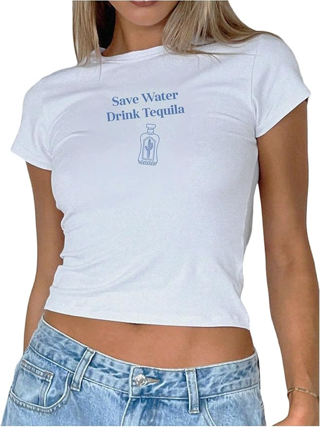 SweatyRocks Women's Tequila Print Y2k Slim Fit Crop Top Slogan Graphic Cute Short Sleeve T Shirts | Amazon (US)