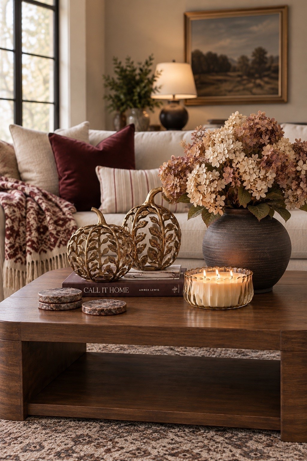 Affordable fall home decor from Walmart, Target + Amazon 🍁 These cozy fall living room finds are perfect for an easy seasonal refresh. I mixed burgundy throw pillows, neutral pillows, a patterned fall blanket, brass pumpkins, faux hydrangeas and warm wood tones for a modern organic fall look.

#LTKSaleAlert #LTKHome #LTKSeasonal