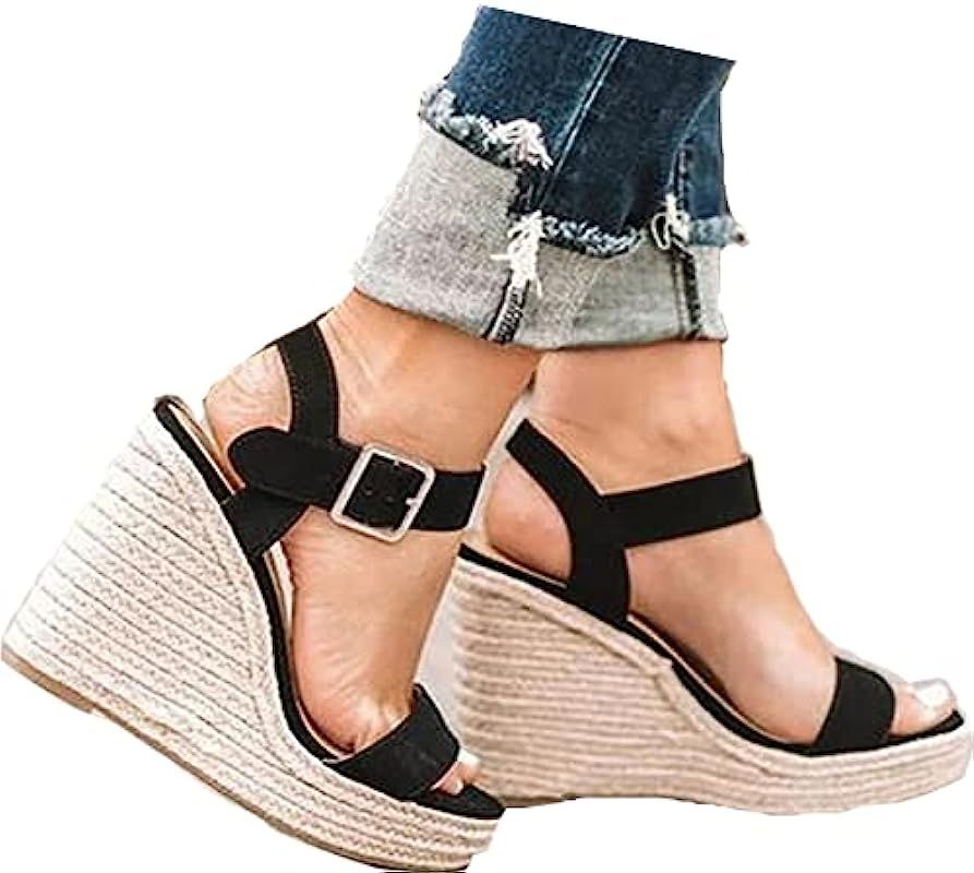 Women'S Wedge Sandals Platform, Ankle Strap Wedge Sandals Open Toe Casual Summer Straw Woven Classic | Amazon (US)