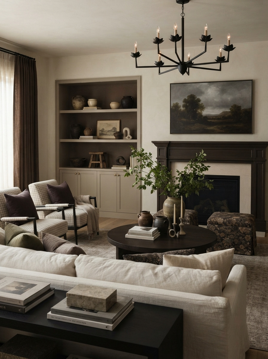 Moody Neutral Living Room 🤎 This elevated living room blends modern traditional style, English country inspiration, and warm neutral decor for a timeless, collected feel. A dark wood fireplace mantel and dramatic landscape artwork create a striking focal point, while built-in shelving, creamy linen seating, plaid accent chairs, floral ottomans, a round dark wood coffee table, layered pottery, and organic greenery add texture and character. The black statement chandelier, earthy brown tones, vintage-inspired accents, and cozy textiles give this space a sophisticated designer look that feels warm and inviting.

🖤 If you want to see more content like this, FOLLOW maeveandmodern on LTK, Instagram, and Pinterest! Check out our blog where we post daily, maeveandmodern.com!

Moody Neutral Living Room | Living Room Inspiration | Modern Traditional Living Room | English Country Decor | Transitional Living Room | Warm Neutral Decor | Dark Wood Fireplace | Fireplace Mantel Ideas | Landscape Wall Art | Built In Shelves | Built In Cabinetry | Cream Sofa | Linen Sofa | Plaid Accent Chairs | Floral Ottoman | Round Coffee Table | Dark Wood Coffee Table | Black Chandelier | Statement Lighting | Vintage Inspired Decor | Collected Interiors | Neutral Area Rug | Organic Greenery | Pottery Decor | Coffee Table Styling | Cozy Living Room | Earth Tone Decor | Designer Living Room | Timeless Interior Design | Fall Home Inspiration

#LTKHome #LTKSaleAlert #LTKFindsUnder100 #LTKSeasonal 

 