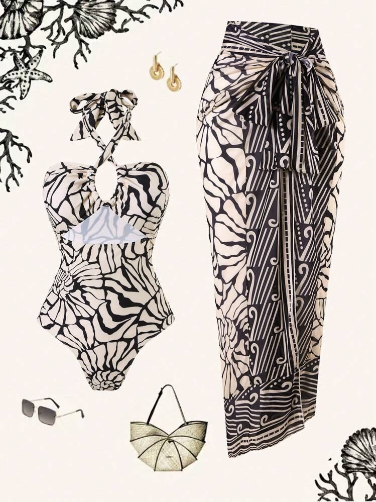 Swim Oasis 2pcs/Set New Women Swimsuit Knitted Elegant Random Print Cross Halter High Cut One-Piece & Random Print Skirt | SHEIN