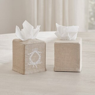 Embroidered Linen Tissue Box Cover with Monogram Crest Options & Machine Washable | Ballard Designs, Inc.