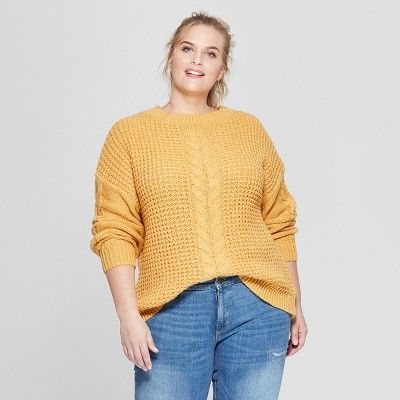 Women's Plus Long Sleeve Placed Cable Pullover Sweater - Ava & Viv™ | Target