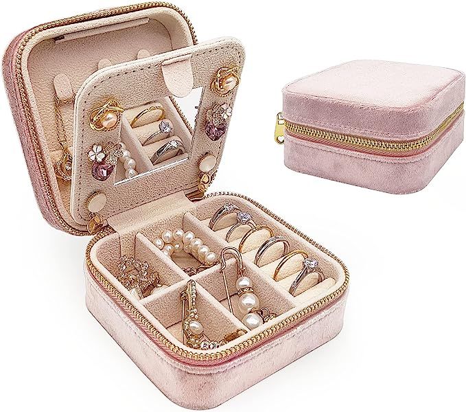 Soddeph Velvet Jewelry Box with Mirror,Mini Travel Jewelry Case, Plush Jewelry Travel Case, Small... | Amazon (US)