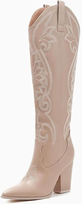 Coutgo Womens Cowboy Knee High Boots Western Cowgirl Embroidered Pointed Toe Chunky Heel Pull On ... | Amazon (US)