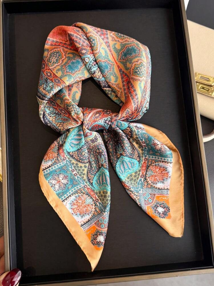 1pc Women's Elegant Retro Style Jacquard Printed Lightweight Satin Square Faux Silk Scarf, Bohemi... | SHEIN