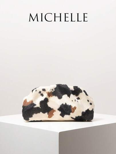 Women's Clutch Bag, Animal Print, Cow Print, Party Bag, Pleated Bag, Party Accessories, Bridesmaid Bag, Plush Wallet, Women's Gift, Autumn/Winter (Random Pattern) | SHEIN