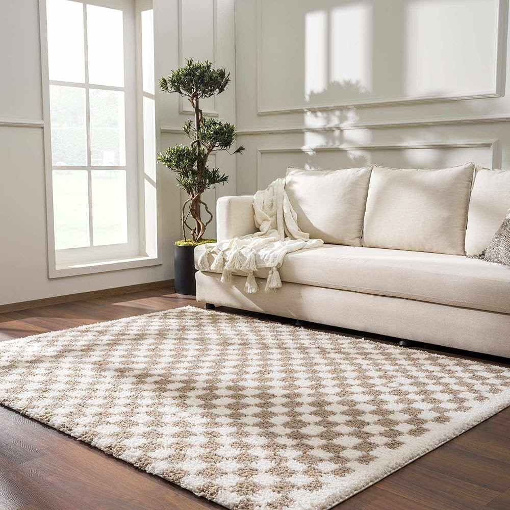 Hauteloom Kieu Contemporary Checkered Fluffy Shag Area Rug - Modern Geometric Soft Carpet Tiles f... | Amazon (US)