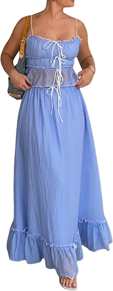 Women Summer Y2k Long Skirts 2 Piece Outfits Patchwork Front Tie-Up Ruched Ruffle Camisoles Maxi ... | Amazon (US)