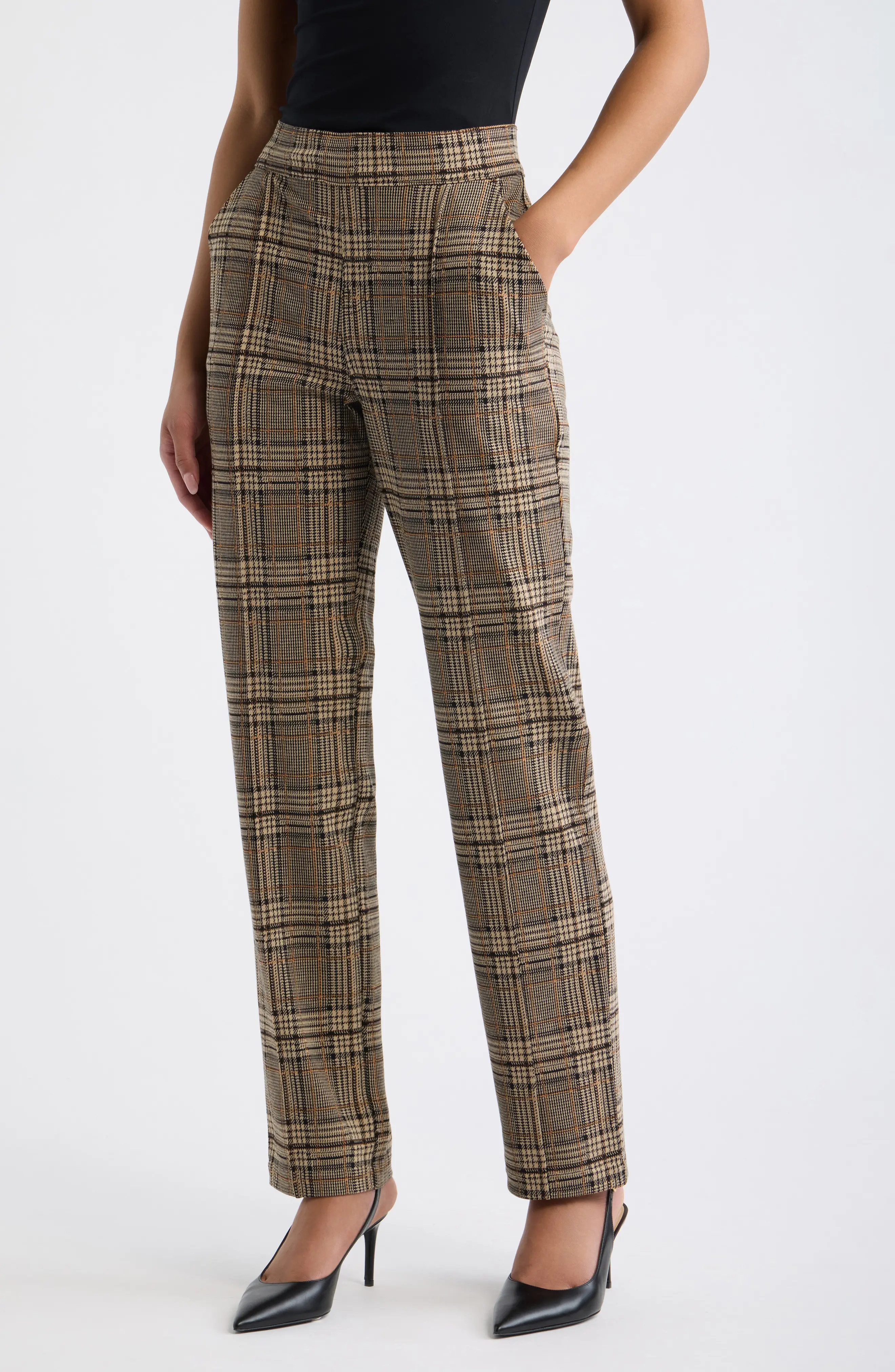 Hue Plaid Pintuck Pull-On Pants in Brown at Nordstrom, Size Small | Nordstrom