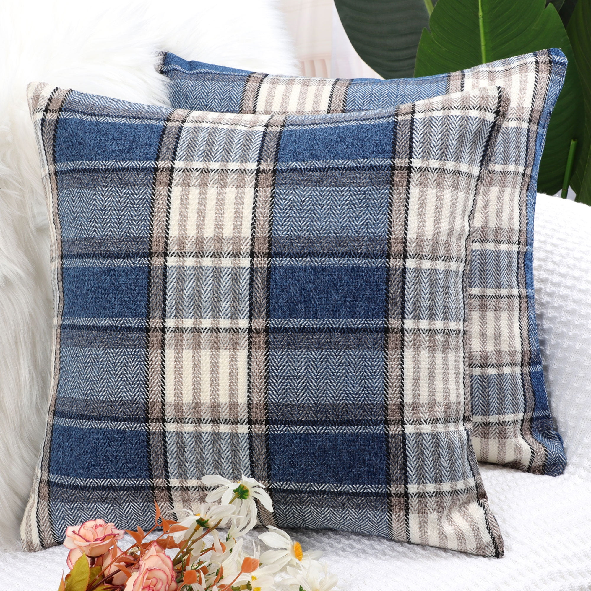 PiccoCasa 2Pcs Buffalo Check Plaid Throw Pillowcases Cotton Linen Cushion Covers Blue Beige 18"x1... | Walmart (US)