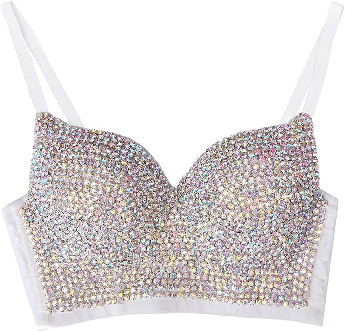 Women's Handmade Rhinestone Shining Diamond Push up Bustier Club Party Bra Cropped Top Vest | Amazon (US)