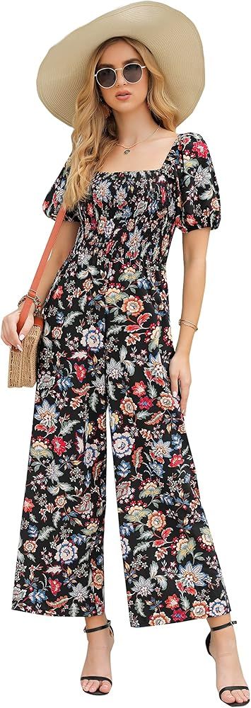 Love Welove Fashion Floral Jumpsuits for Women, casual Loose Romper Short Sleeve Smocked High Wai... | Amazon (US)