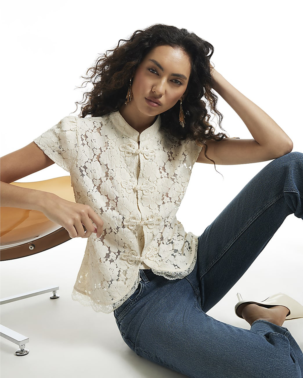 Cream Lace Cap Sleeve Drummer Top | River Island UK & IE