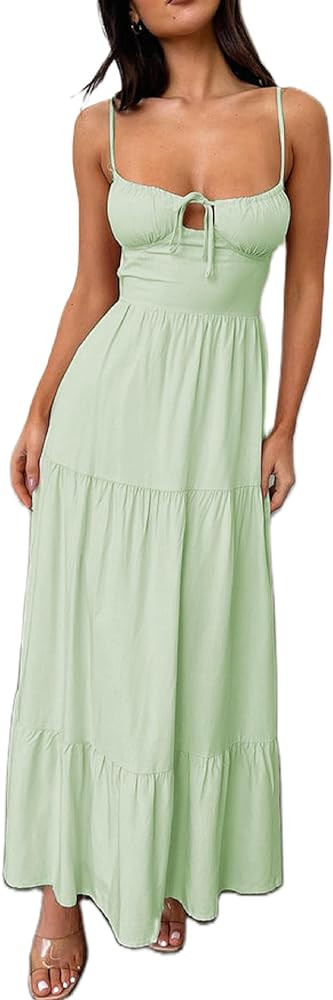 Women Y2k Bodycon Maxi Dress Open Back Flowy Long Dress Low Cut Spaghetti Strap Sundress Summer S... | Amazon (US)