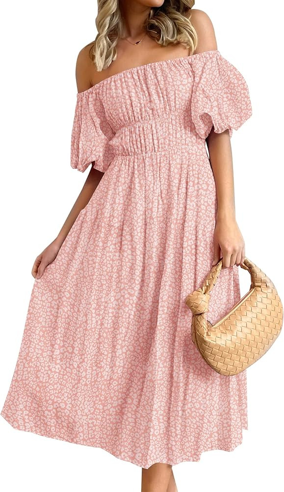 ZESICA Women's 2024 Sexy Boho Off Shoulder Puff Short Sleeve High Waist Ruffled Flowy A Line Beac... | Amazon (US)