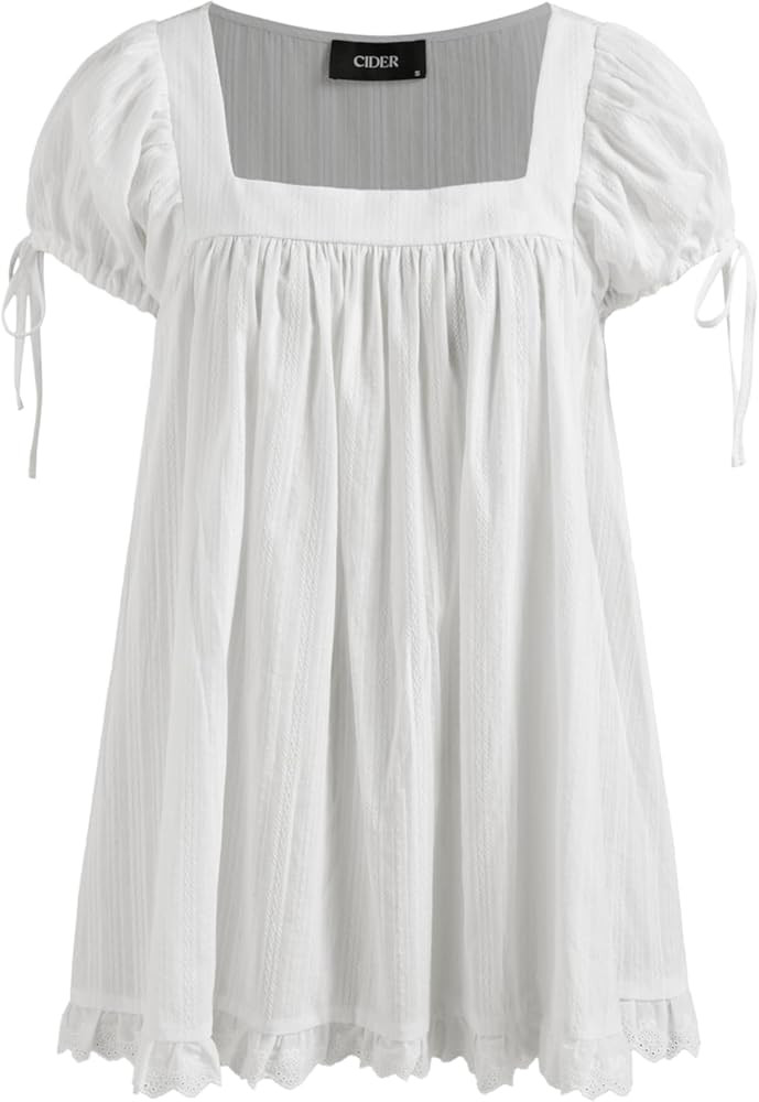 CIDER Blouses for Women Square Neck Ruffle Knot Short Sleeve Recycled Cotton Solid Long Sleeve Bl... | Amazon (US)