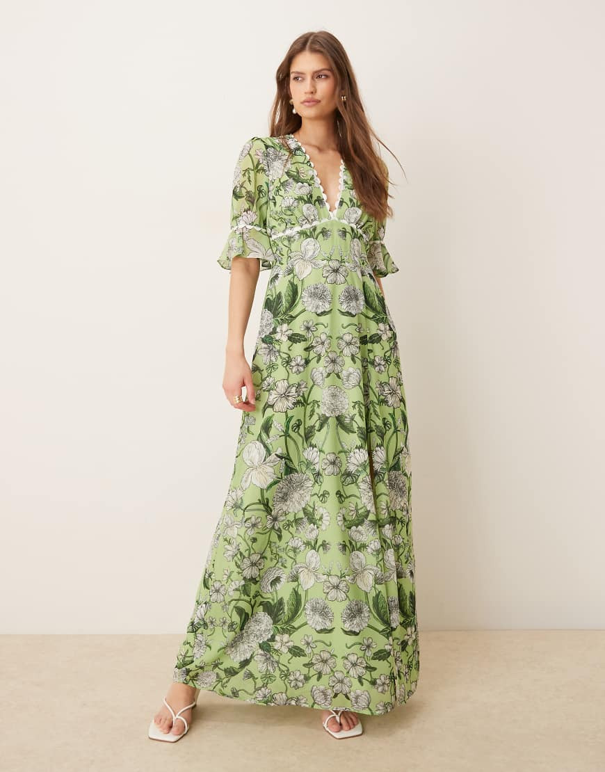Hope & Ivy frill sleeve thigh split open back maxi dress in green floral | ASOS (Global)