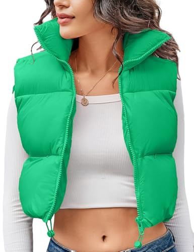 Kissonic Women's Cropped Puffer Vest Lightweight Fluffy Vest Sleeveless Warm Winter Outerwear(Green-L) | Amazon (US)
