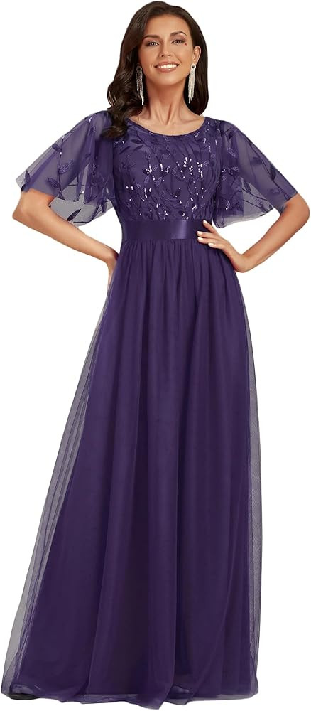 Ever-Pretty Women's Formal Dresses Crew Neck Sequin Ruffle Sleeve Empire Waist Beaded Long Evenin... | Amazon (US)