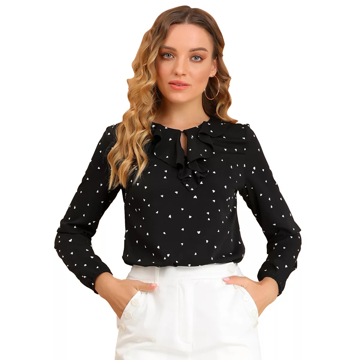 Women's Ruffle Neck Long Sleeve Polka Dots Blouse Shirts | Kohl's