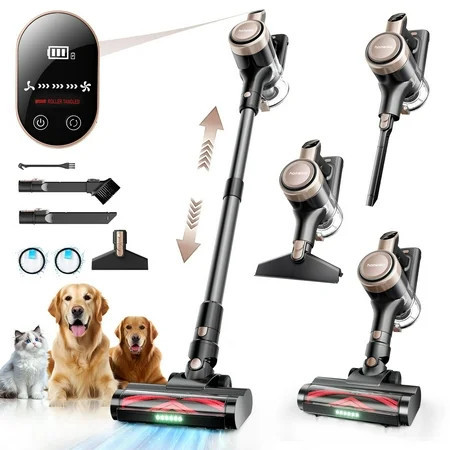 Homeika Cordless Vacuum Cleaner, 300W 23KPa Powerful Suction Vacuum with LED Display, 3 Suction, 48mins Runtime, Lightweight Stick Cleaner with Sofa Brush for Hard Floor/Carpet/Pet Hair/Car, Black | Walmart (US)