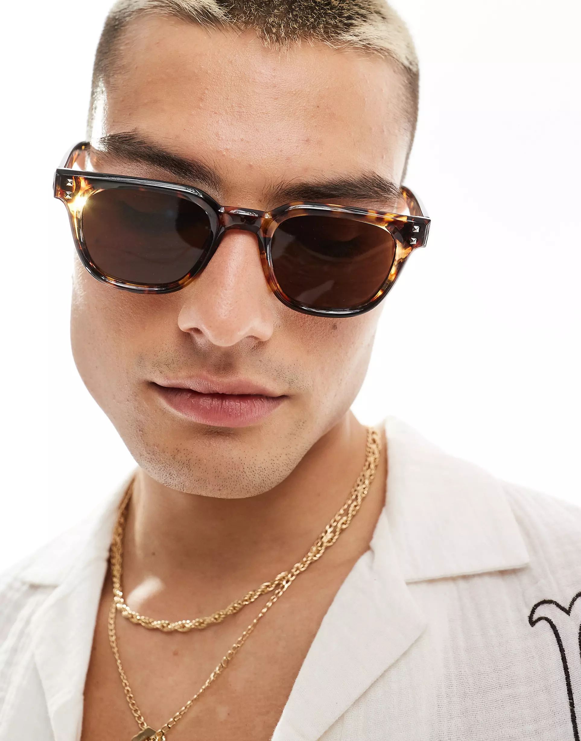ASOS DESIGN square sunglasses with silver pips in tortoise shell | ASOS | ASOS (Global)