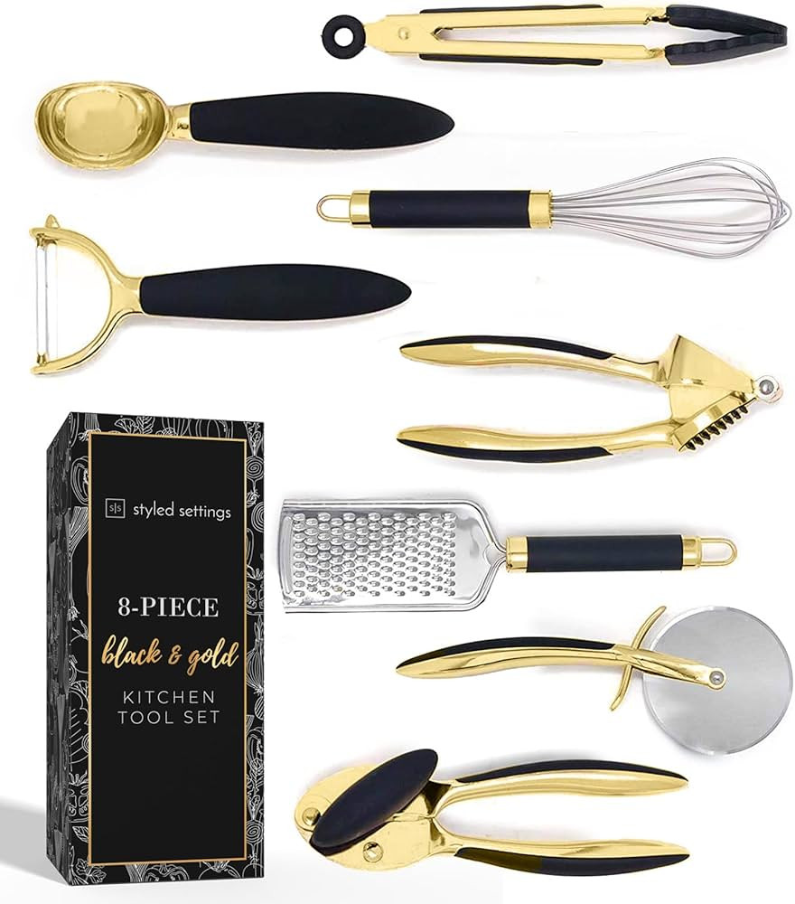 Black and Gold Kitchen Utensils - Luxe 8-Piece Gold Kitchen Tools Set with Can Opener, Pizza Cutt... | Amazon (US)