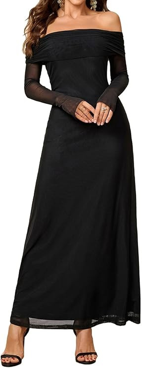 Colysmo Women Long Sleeve Mesh Off Shoulder Bodycon Maxi Dress Formal Wedding Guest Fall Dresses ... | Amazon (US)