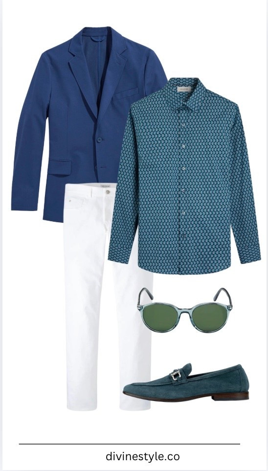 Navy & Oxford blue is the perfect transition to spring look for men. Pair a relaxed blazer or spring jacket with this green and blue print shirt and white 5 pocket pants (or you can sub white jeans). These suede loafers in a rich shade finish the look styled with green Persol sunglasses. 

#LTKOver40 #LTKMens #LTKootd
