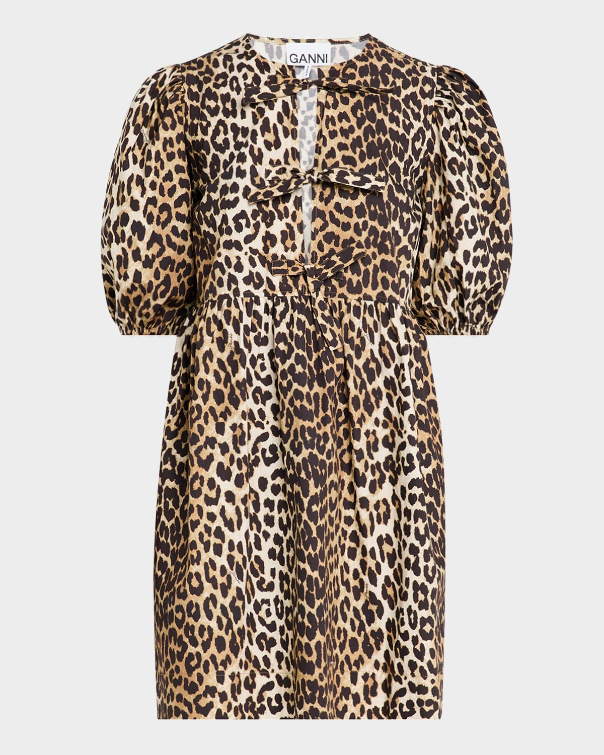 Leopard Tie-Front Puff-Sleeve Mini Dress | Neiman Marcus