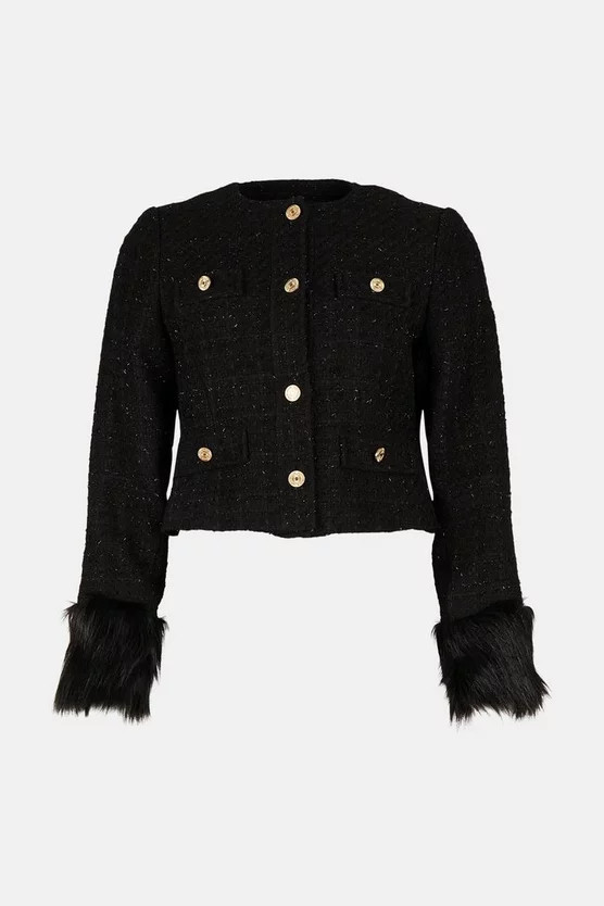 Sparkle Tweed And Faux Fur Cuff Jacket | Karen Millen AUS