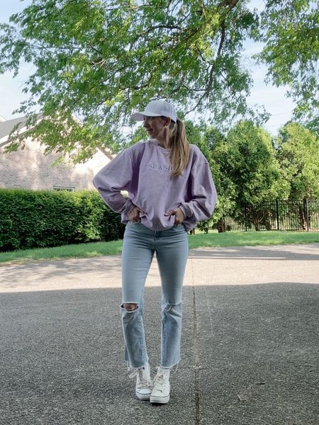 Casual spring mom outfit by BarbiGia. Lavender waffle pullover sweatshirt. Straight leg good American ripped hem jeans. Converse high top sneaker outfit 

#LTKfindsunder100 #LTKSeasonal #LTKstyletip