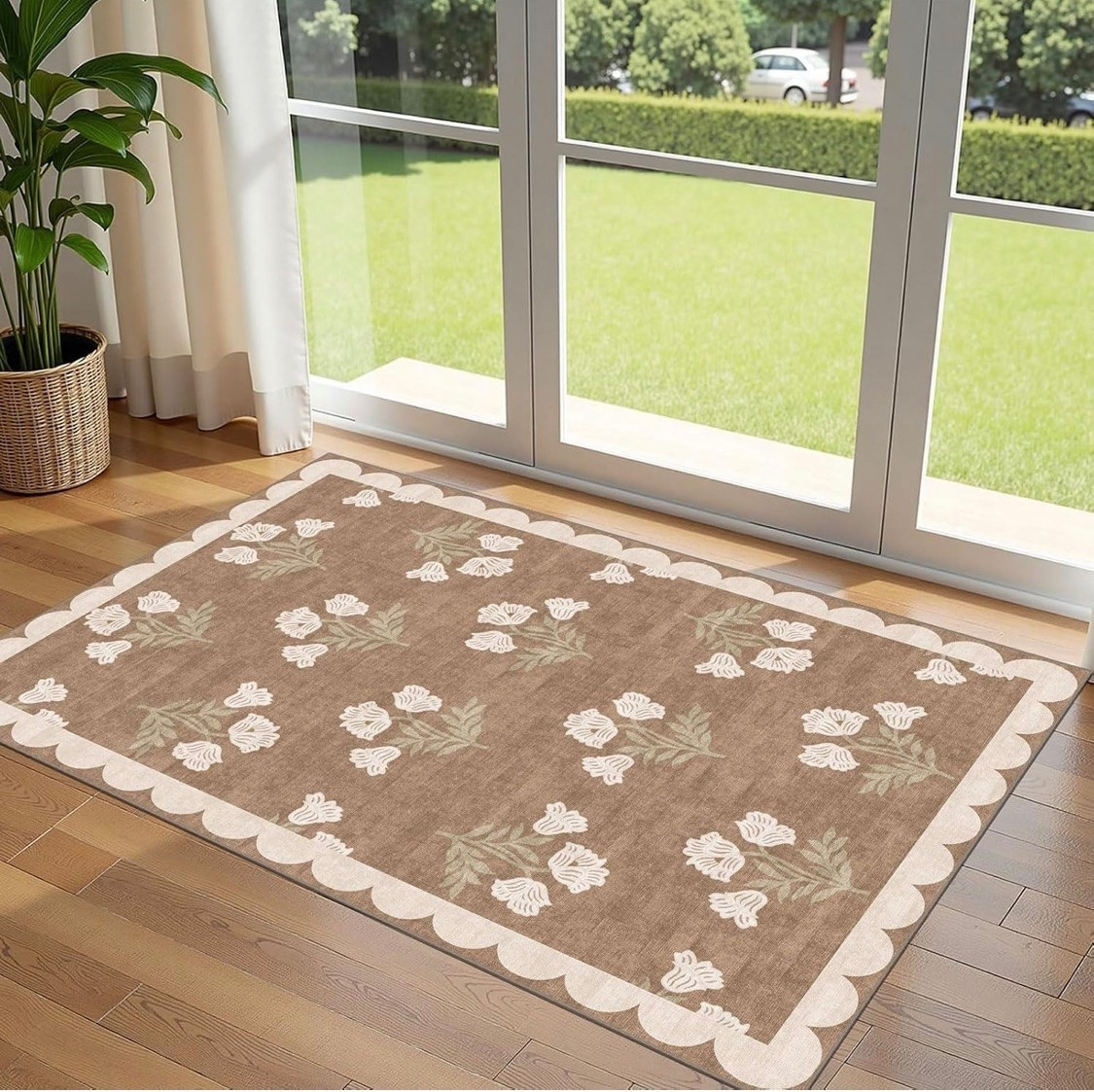 This indoor outdoor mat features a delicate floral pattern blossoms and leaves. The charming scalloped edge enhances its vintage charm, making it a perfect layered door mats for french country, farmhouse, or cottagecore home decor or outdoor front porch decor

#LTKdayinmylife #LTKSeasonal #LTKHome